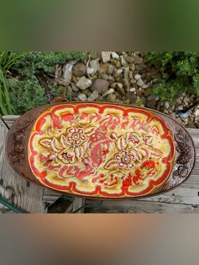 Vintage Floral platter Orange brown MCM Yellow treasure craft 1960 1979